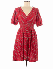 Madewell Red/White Floral V-Neck Puff Sleeve Smocked Button Knee Dress M