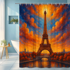 Eiffel Tower Shower Curtain - Colorful Paris Design, Waterproof Fabric