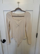AE Long Sleeve Henley Bodysuit Cream Large Cotton Blend Neutral America Eagle