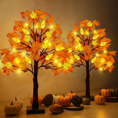 2-Pack Prelit Fall Maple Tree Decorations with 48 LEDs - AAA Battery Operated