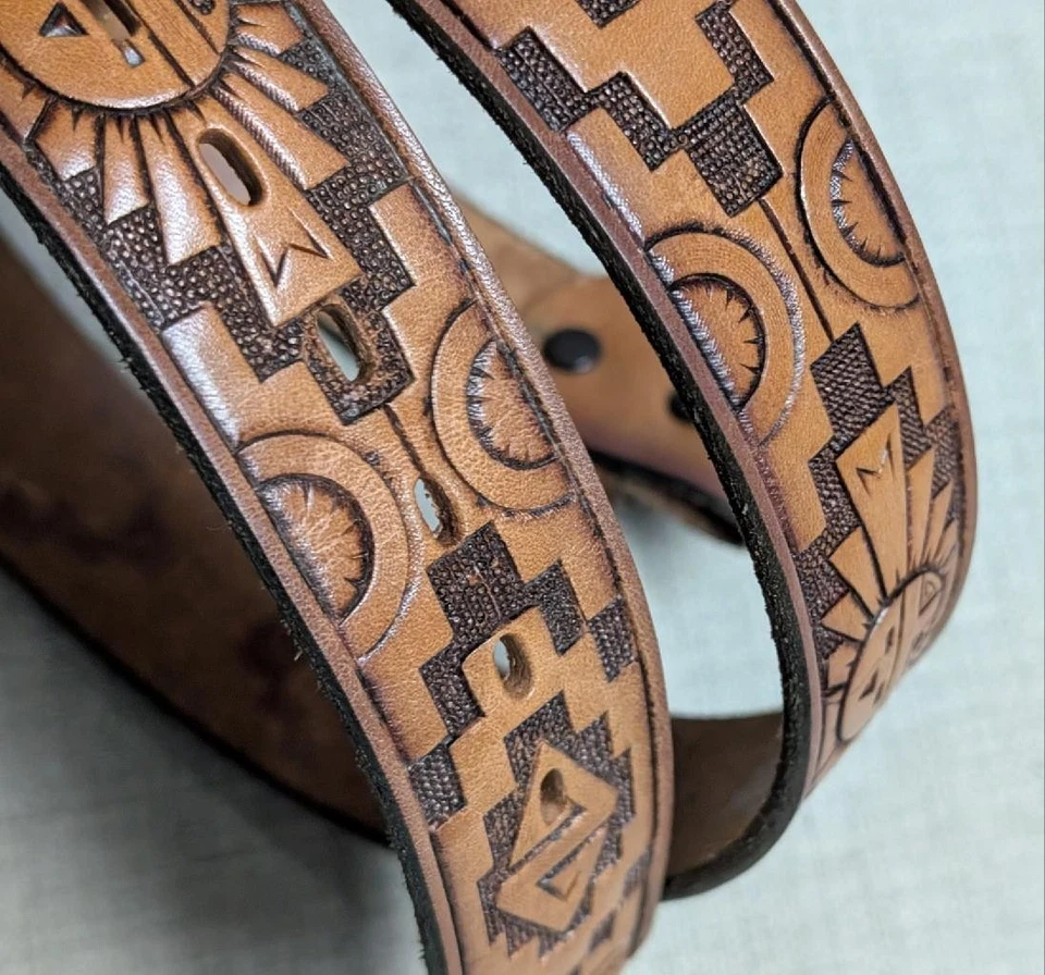 vintage TOOLED buckle belt SOUTHWESTERN leather 38 native american INDIAN cowboy - Image 2 of 4