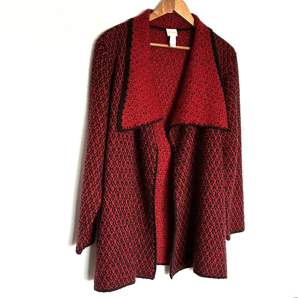 Chico's Cardigan Women's Size 3 Red Black Textured Knit Open Front Long Sleeve - Image 2 of 4
