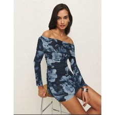 NWT Reformation Brooks Knit Dress Mini Long Sleeve Off The Shoulder Blue XS