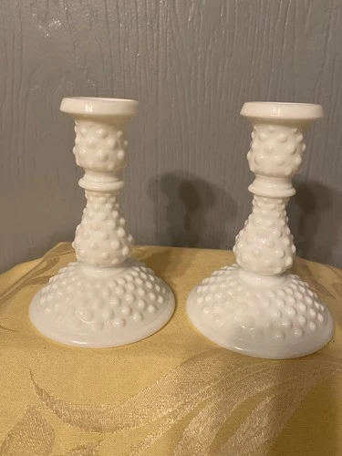 Vintage Set 2 Fenton Hobnail 6” Candlesticks White Milk Glass Candle Holders 70s