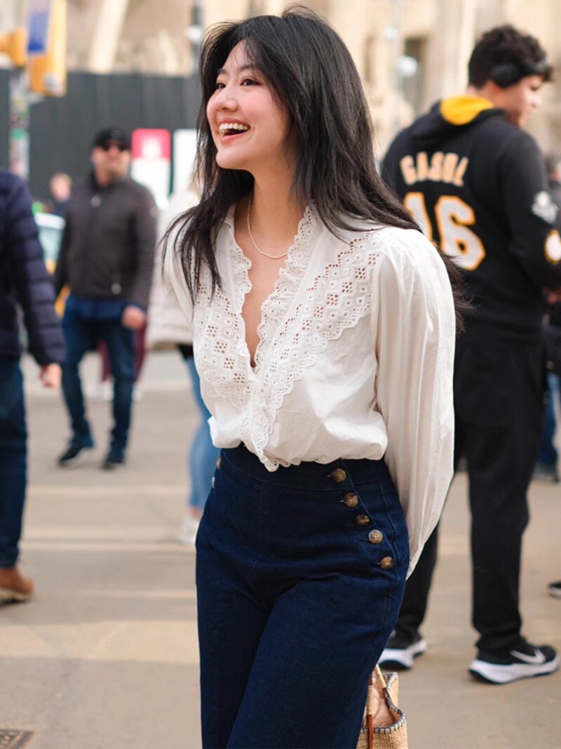 Sezane Lace Embroidered V-neck Blouse White Blouse | eBay