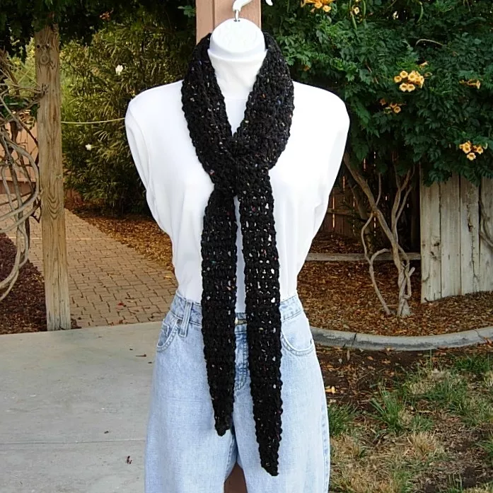 Women's Extra Long Skinny Neck Scarf, Off Black Tweed Soft Narrow Crochet Knit