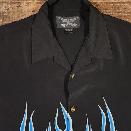 Chrome Eagle Button Up Shirt Mens XL Black Motorcycle Blue Flames Y2K - Picture 8 of 11