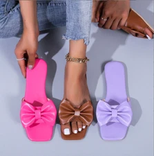 Bows Summer Beach Casual Sandals Ladies Womens Flat Slip On Mule Sliders Comfy