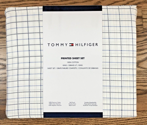 Tommy Hilfiger KING Sheet SET 4pc Windowpane Plaid Gray Blue & White Cotton New!