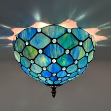 Tiffany Style Ceiling Lights Fixture Blue Stained Glass LED Bulbs 8"H 12"W 12"D