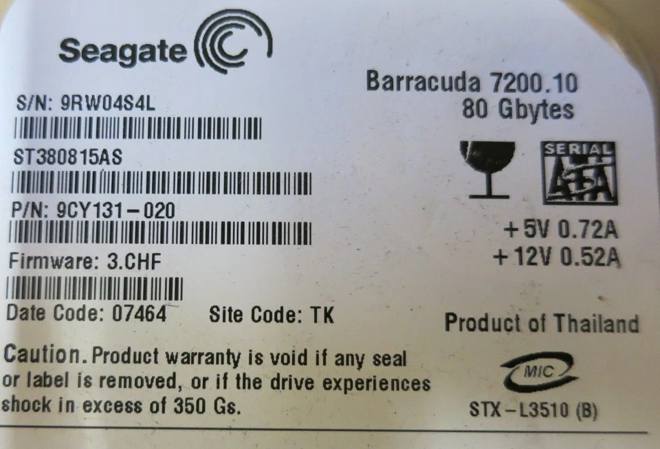 Seagate ST380815AS 9CY131-020 Barracuda 7200.10 80GB 7200RPM 8MB 3.5" ATA300 HDD - Image 3 of 4