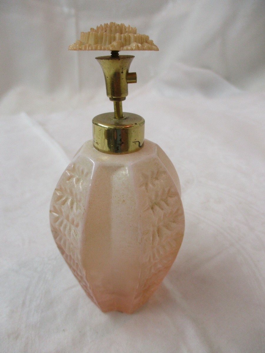 Vintage Japan Irice embossed pink to cream Perfume Bottle flower Cap
