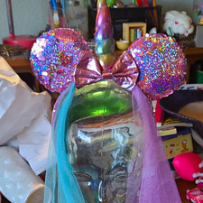 Disney Parks Purple Rainbow Metallic Sequin Unicorn Mini Mouse Ears Headband