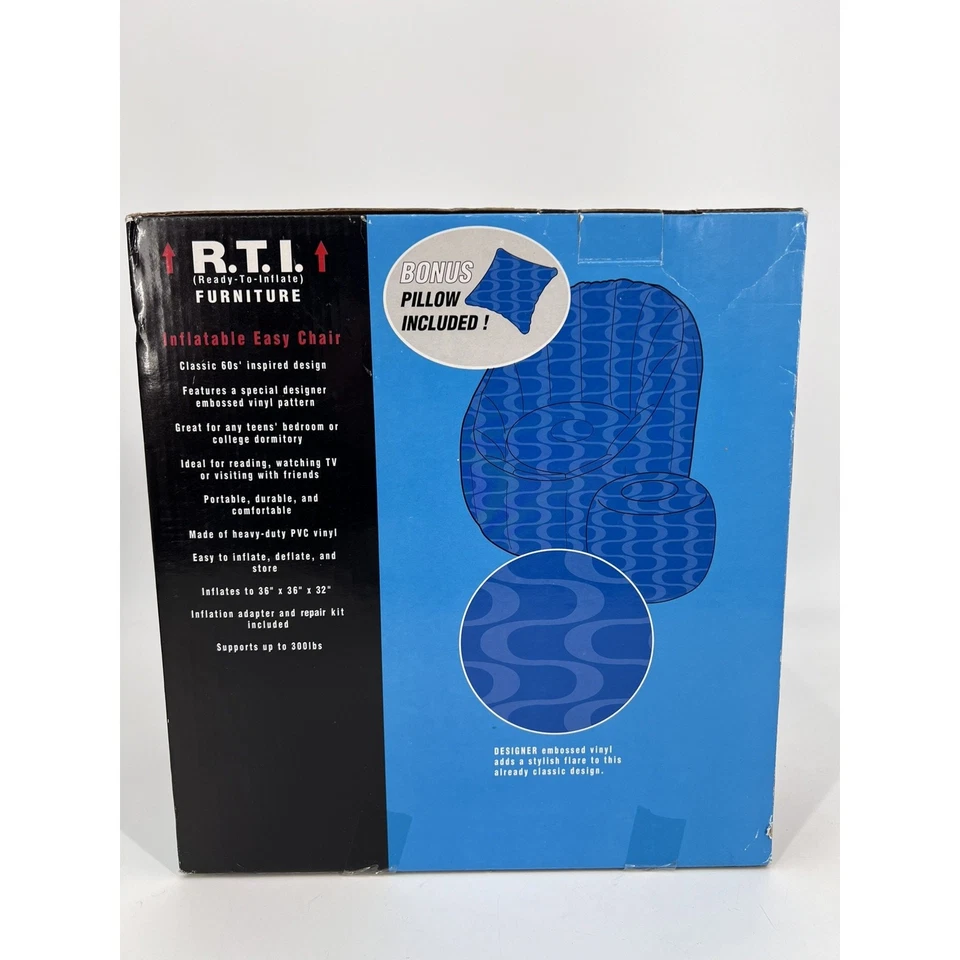 Silla Inflable Y2K De Colección Años 90 Almohada Otomana Adulto Adolescente Azul Onda Groovy Retro Foto 3 de 4