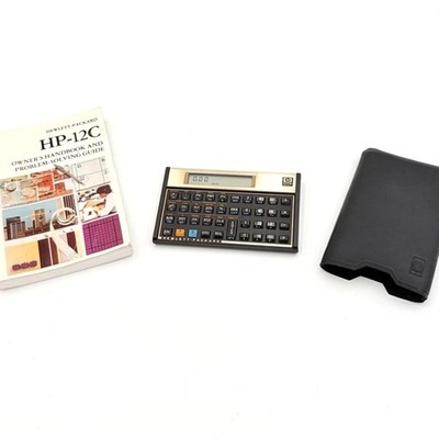 Vintage HP 12C Financial Calculator 1985 USA Gold Bezel w/ Case Manual Works