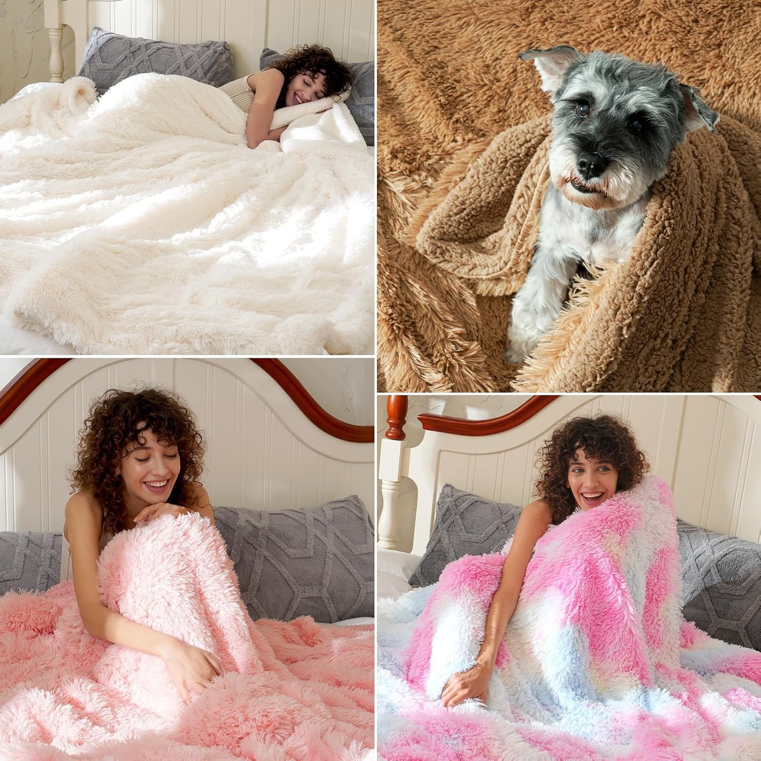 PHF Luxury Fuzzy Faux Fur Throw Blanket, Soft Shaggy Plush Comfy Blanket, Warm T