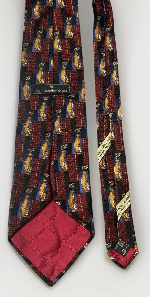 Gravata masculina ERMENEGILDO ZEGNA 100% seda ITÁLIA luxo golfe vermelha/preta/marrom - Imagem 3 de 4