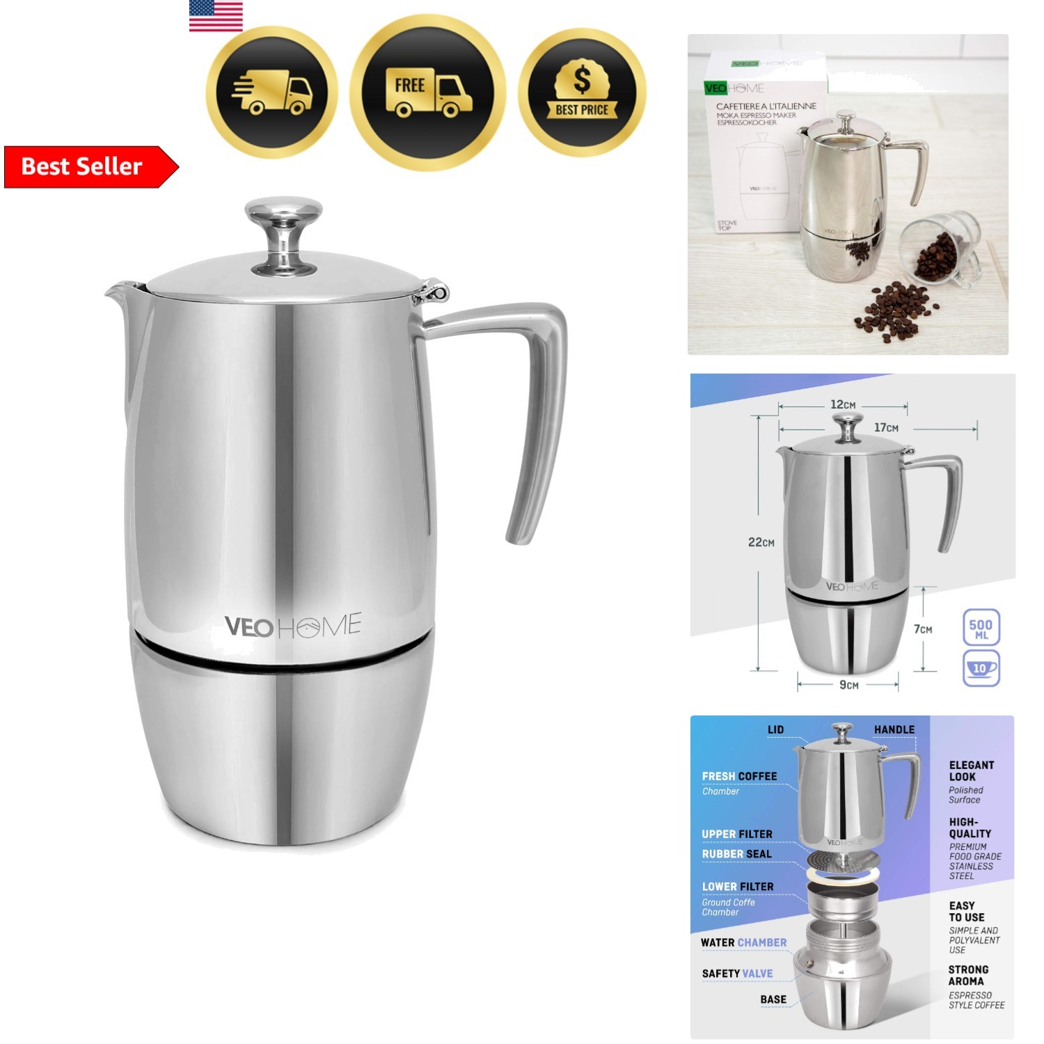 10 Cups Stainless Steel Moka Pot 500ml