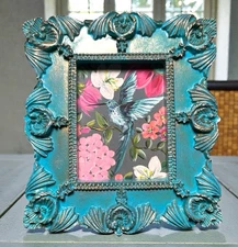 Hummingbird watercolor mini art print in vintage style ornate frame