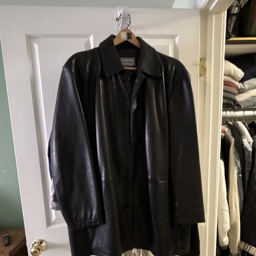 Reilly Olmes Men's Black Leather Mid-Length Button Overcoat, Spread Collar XL