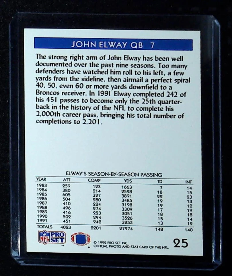 1992 Pro Set #25 John Elway - Image 2 of 2
