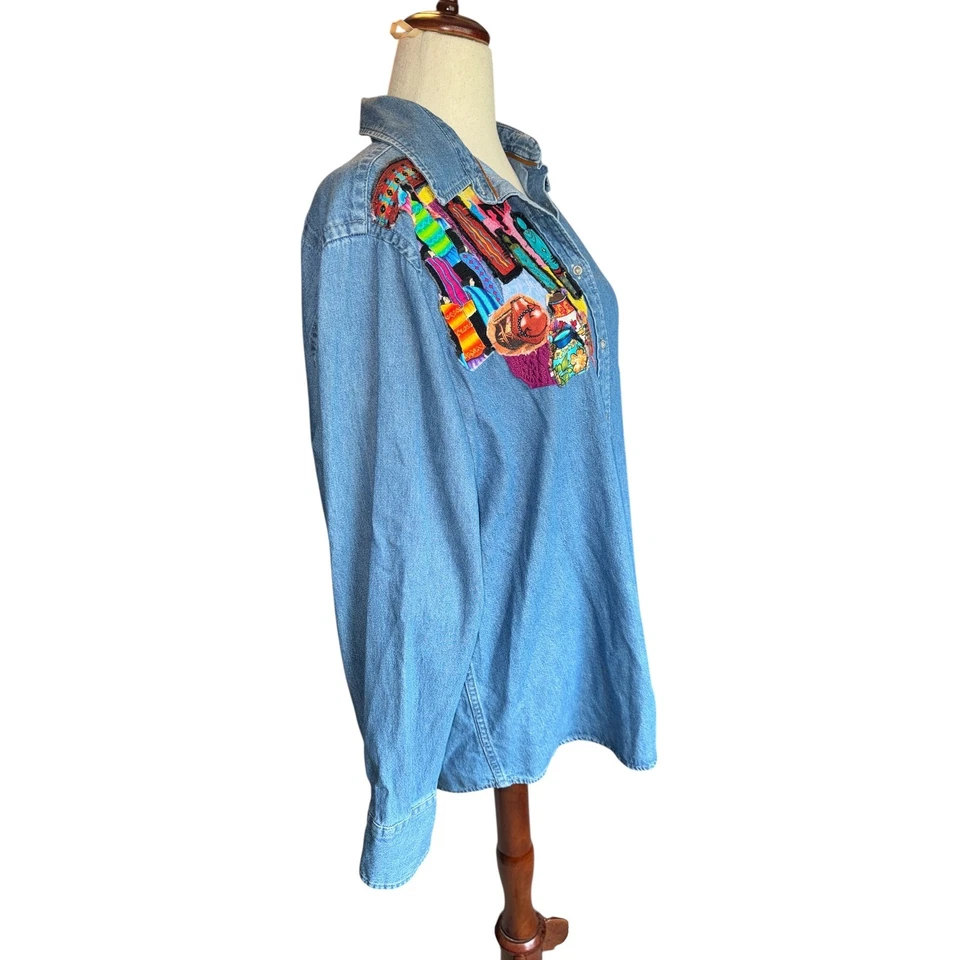 Upcycled Harriton Denim Shirt Jacket | 2XL Quilted Folk Art Patchwork Vintage - Image 2 of 4