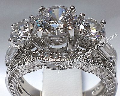 14K White Gold Wedding Set Estate Engagement Bridal Ring 3 Stone Round