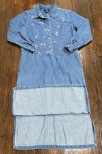 Vtg Blue J 90's Denim Long Sleeve Maxi Dress Sz S Embroidered Flowers Y2K Collar