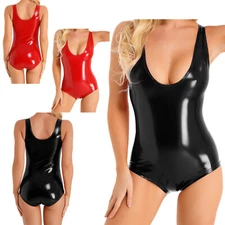 Womans Patent Leather Lingerie Wetlook Bodysuit Shiny Metallic Jumpsuit Clubwear