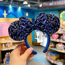 Japan Tokyo Disney Resort Navy Blue Velour Sequin Minnie Mouse  Ears Headband
