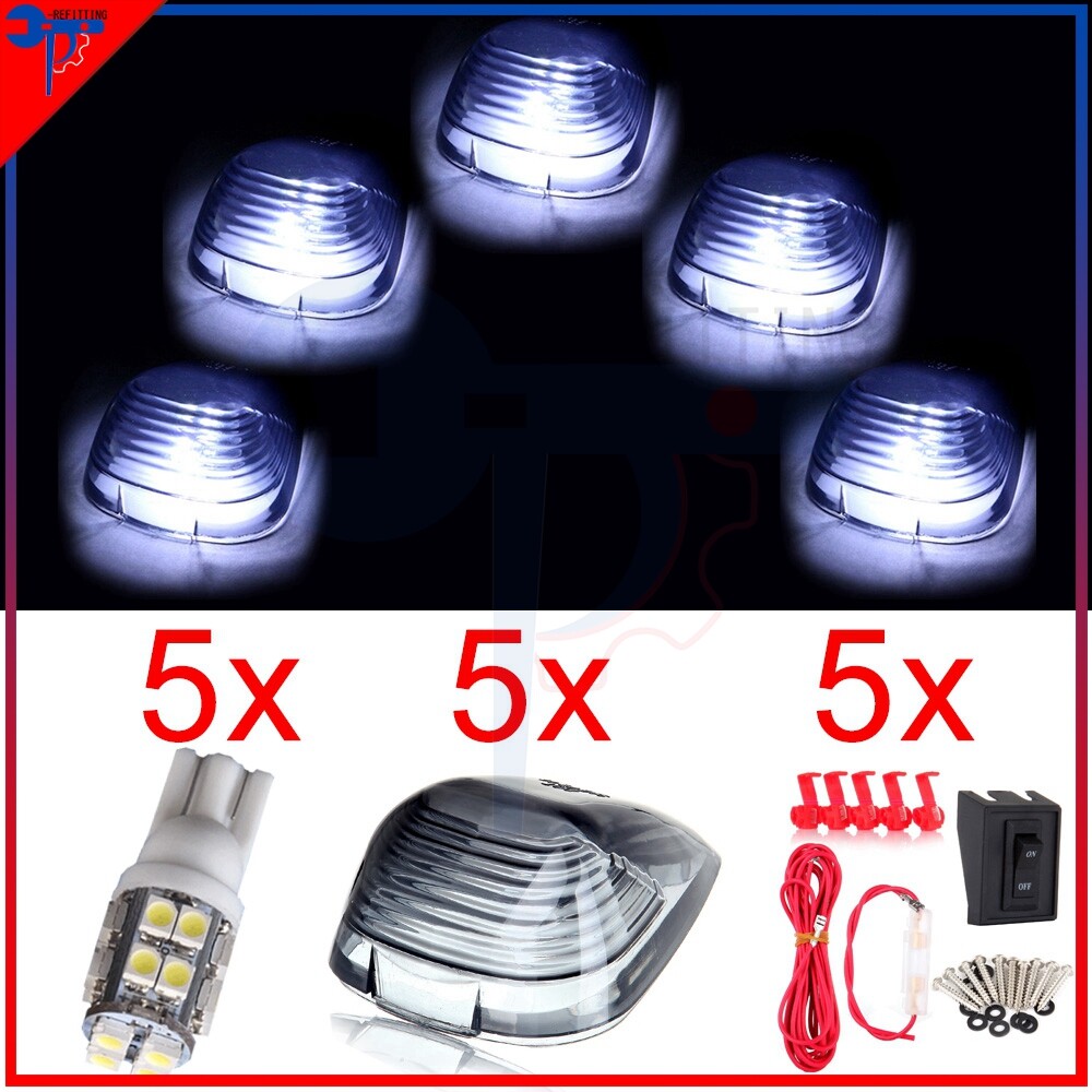5-Pack Smoke Lens Cab Roof Marker Lights with White Bulbs & Wiring Kit for Chevy Ram