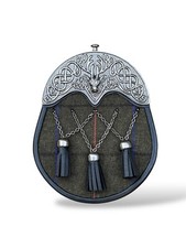 Scottish Men's Tweed Stag Head Cantle Sporran 3 Cross Chain Tassels With Chain
