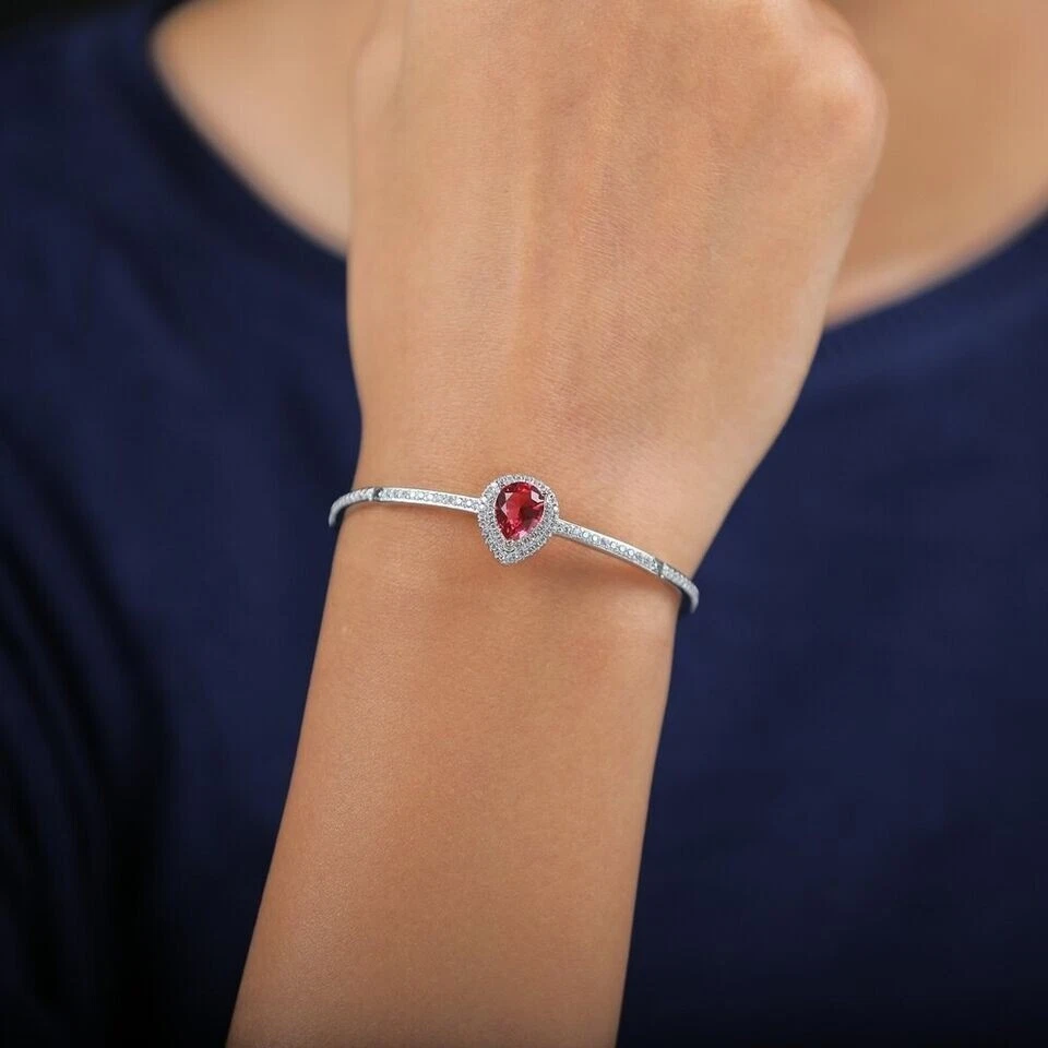 Simulated Pink Ruby Pear Cut 5Ct Women's Bangle Bracelet 14K White Gold Plated - Image 2 of 3