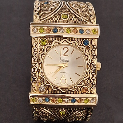 Vivani Watch Accutime Goldtone Cuff/Bracelet Rhinestones  display picture 3