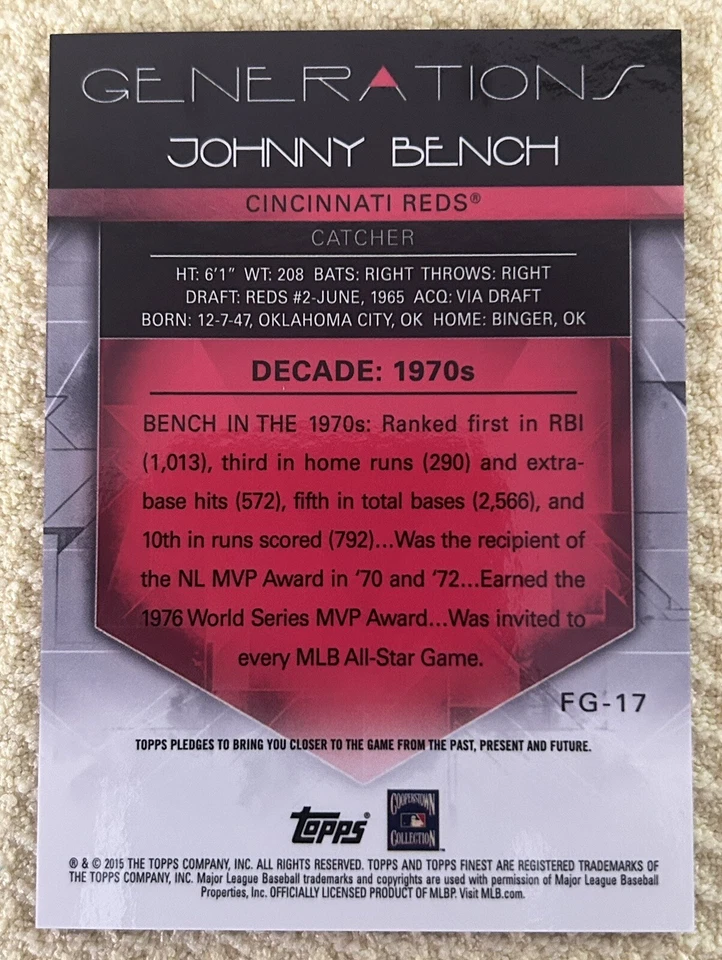 2015 Topps Finest Generations Refractor /25 Johnny Bench Cincinnati Reds - Image 2 of 2
