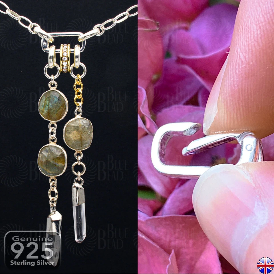 925 Sterling Silver Rectangle Push Clip Clasp 16mm Charm Pendant Chain Connector - Image 2 of 4