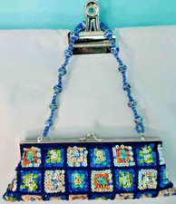 Women's Blue Wristlet Beaded Sequin Handbag/Purse Clutch Evening Bag 9' wide