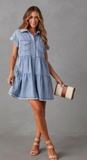 VICI Pearl Snap Button Down Chambray Tiered Denim Dress Country Festival Small