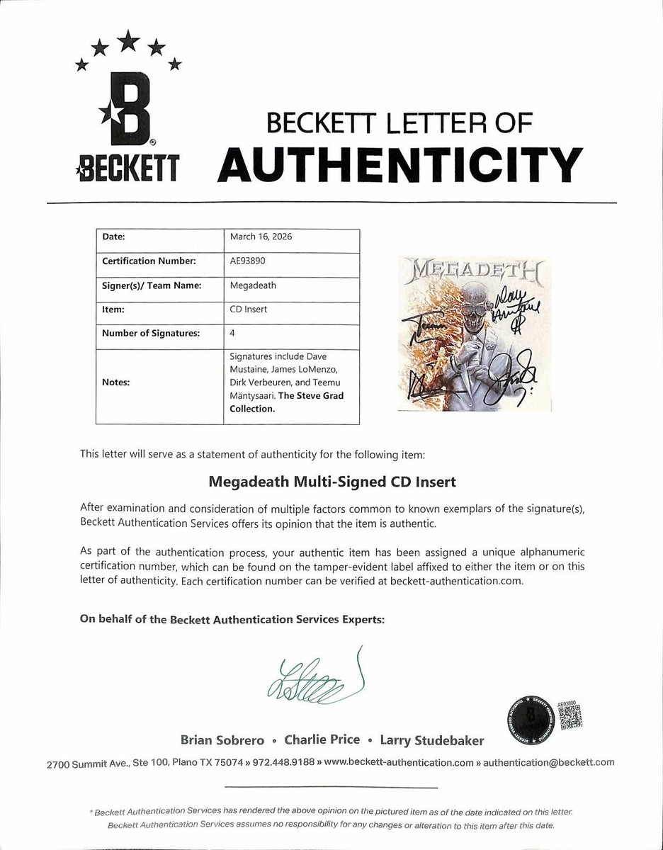 Megadeth Band Signed Self Titled CD Insert Beckett LOA Includes