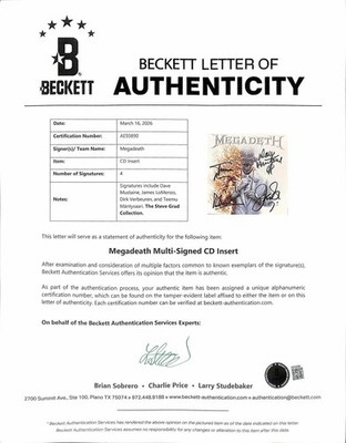 Megadeth Band Signed Self Titled CD Insert Beckett LOA Includes