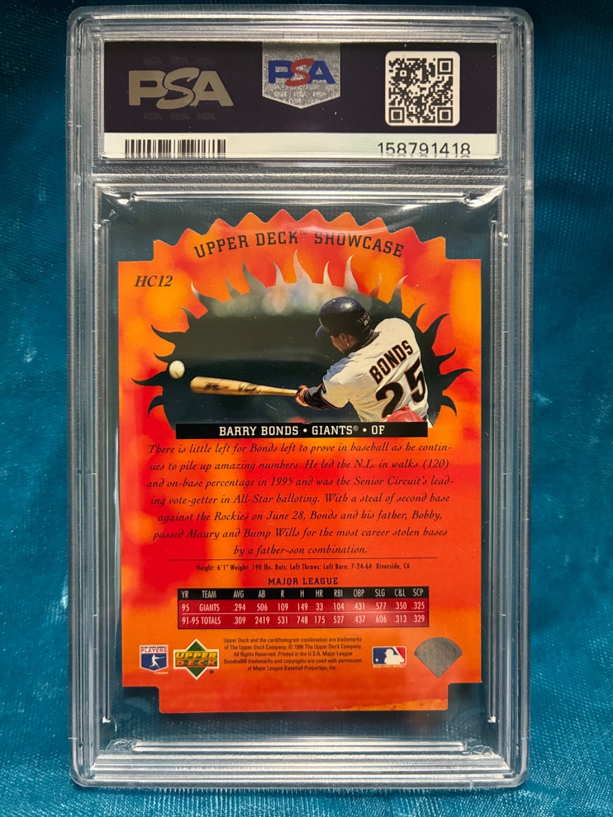 PSA 9 1996 Upper Deck Hot Commodities #HC12 Barry Bonds Hot Commodities SFG MT view 2