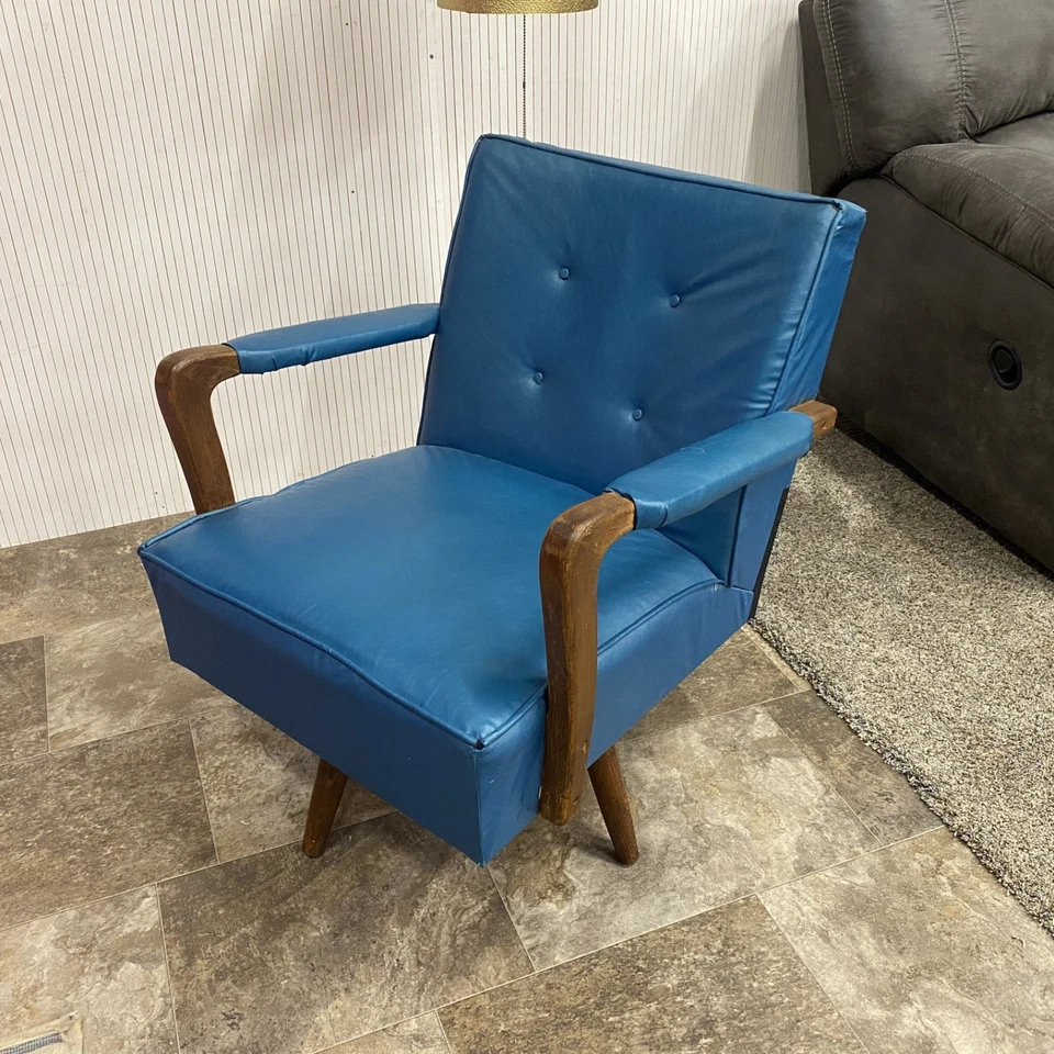Silla Paoli vintage giratoria base de resorte vinilo azul mediados de siglo MCM acento danés Foto 3 de 4