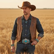 Men Silver Metal Buckle Rodeo Western Turquoise Blue Beads Southwestern Cowboys