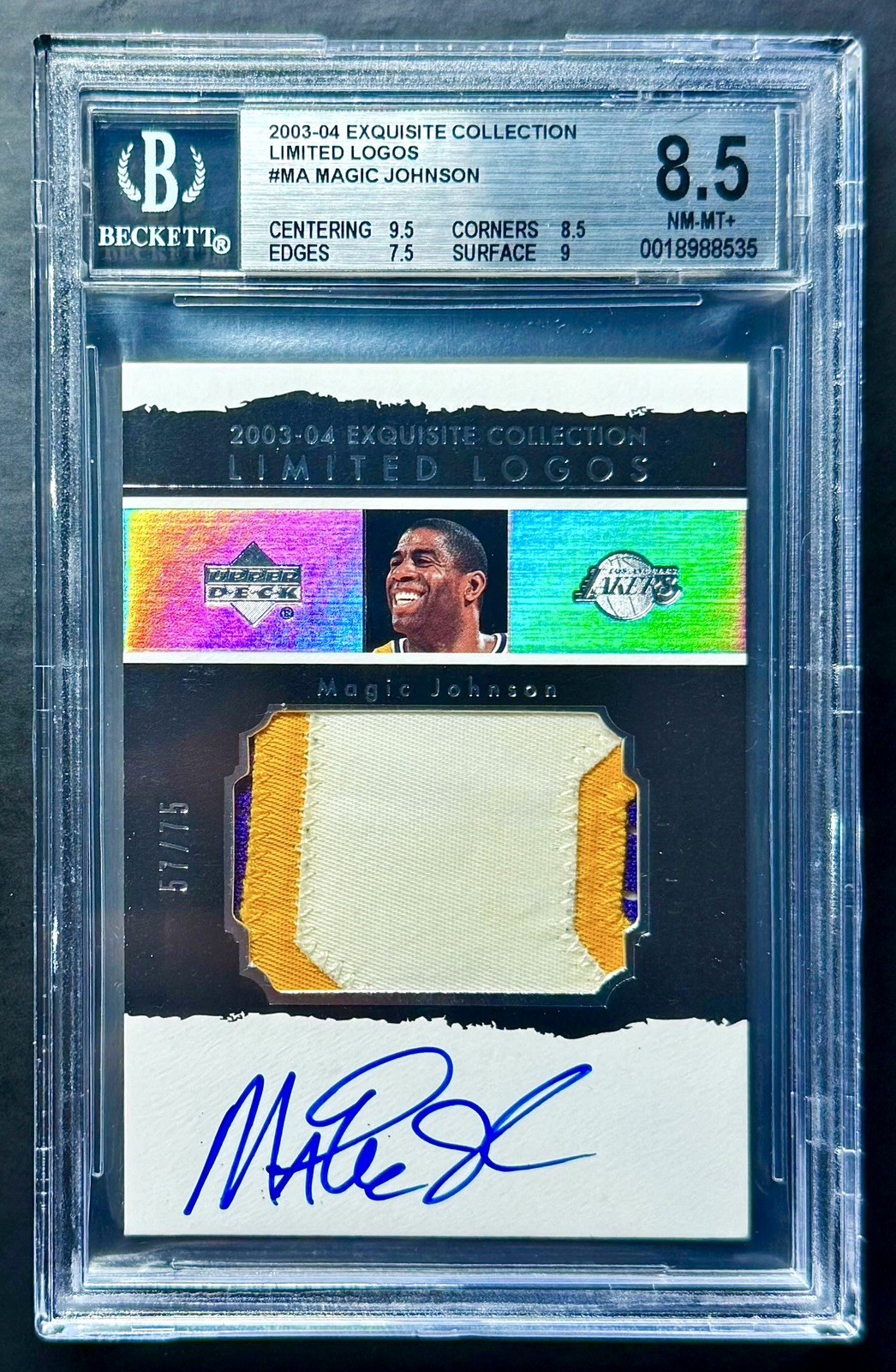 2003-04 Upper Deck Exquisite MAGIC JOHNSON #/75 Limited Logos Patch Auto BGS 8.5