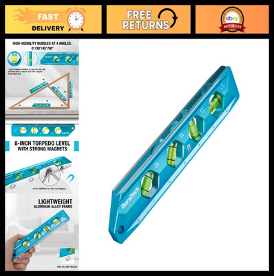 8-Inch Magnetic Torpedo Level, Aluminum Alloy, V-Groove, 0°/30°/45°/90° Bubbles,