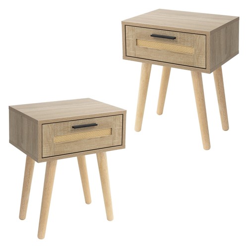 Set 2x Mesitas de noche con cajón 40x50,5x30 cm estilo rústico de roble y ratán - Imagen 1 de 6