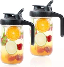 Mason Jar Pitcher With Pour Spout Lid (2 Pack) 32 Oz Wide Mouth Glass Handle