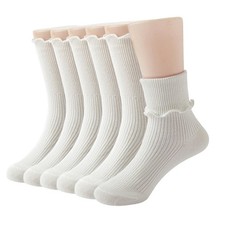 MarJunSep Ruffle Socks for Girls Kids Cute Frilly 7-10 Years, 6 Pairs White