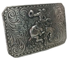 Silver Tone Bronco Rider Cowboy Belt Buckle Fits 1 " Wide Belt Floral Scroll 3X2