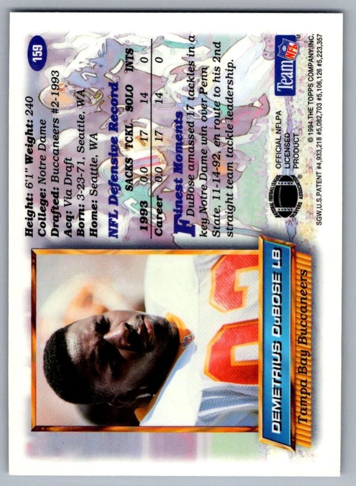 1994 Finest Refractors Demetrius DuBose Tampa Bay Buccaneers #159 - Image 2 of 2